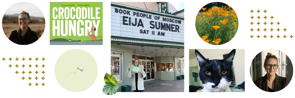 A collection of photos from Eija Sumner, featuring california poppies, images, Eija's Cat, and an illustration from Crocodile Hungry along with the cover of the book, Crocodile Hungry