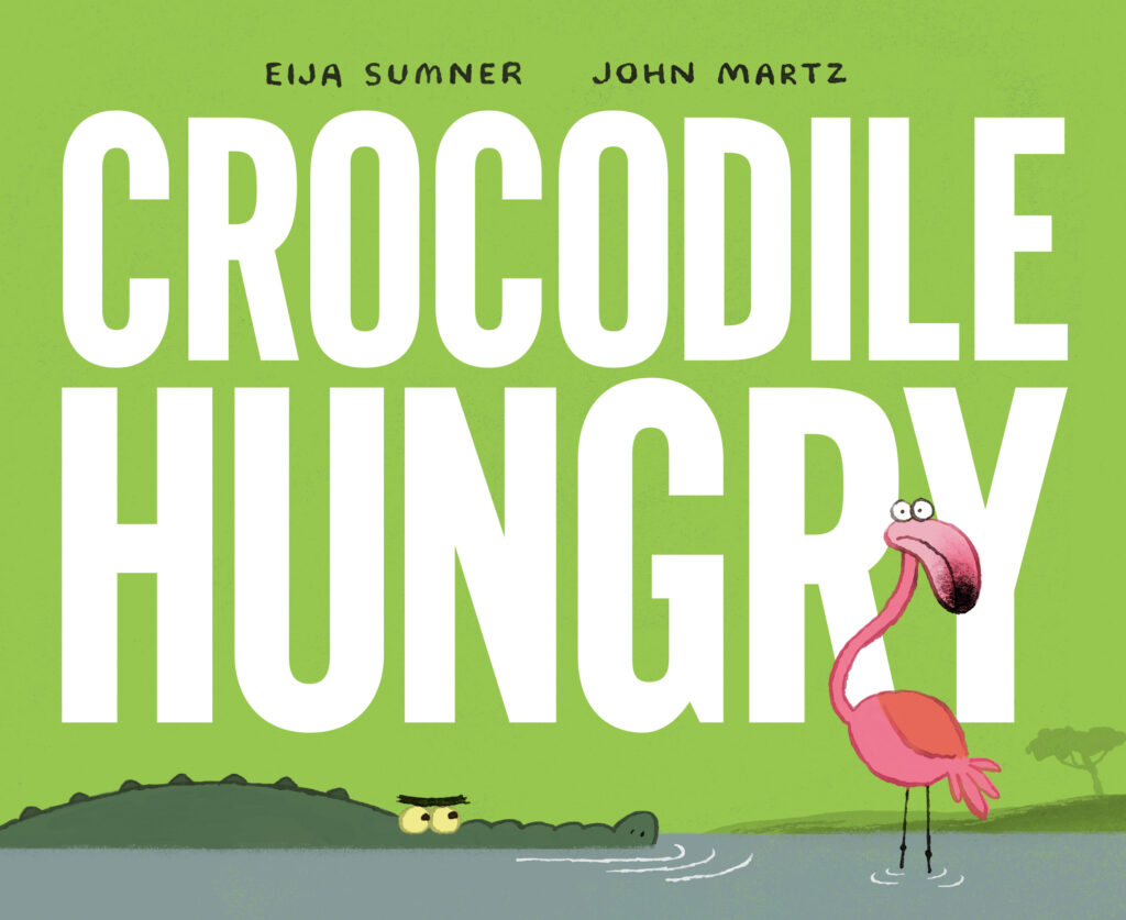 Green book cover with a hungry crocodile floating in the water and looking at a scared flamingo.