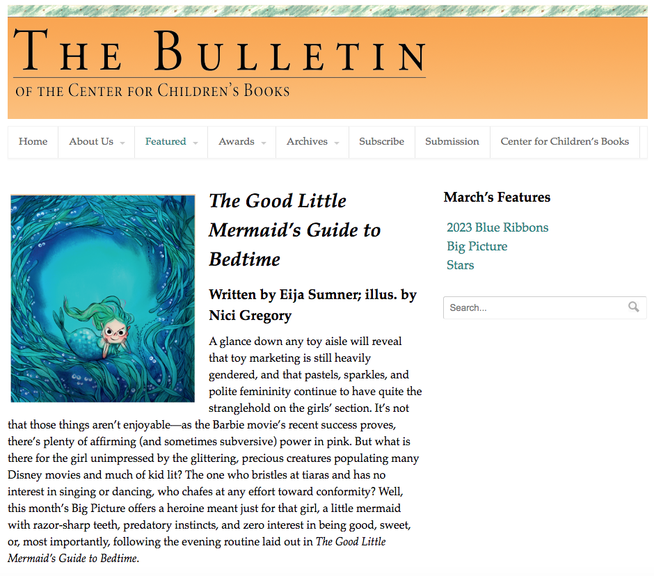 Screen shot for The Bulletin of the Center for Children's Books with The Good Little Mermaid's Guide to Bedtime as the featured Big Picture title for March 2024.