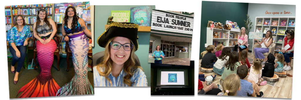 A sequence of photos showing children's author Eija Sumner at different events.