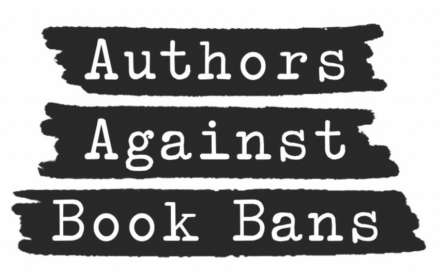 Authors Against Book Bans logo in white font over black markings