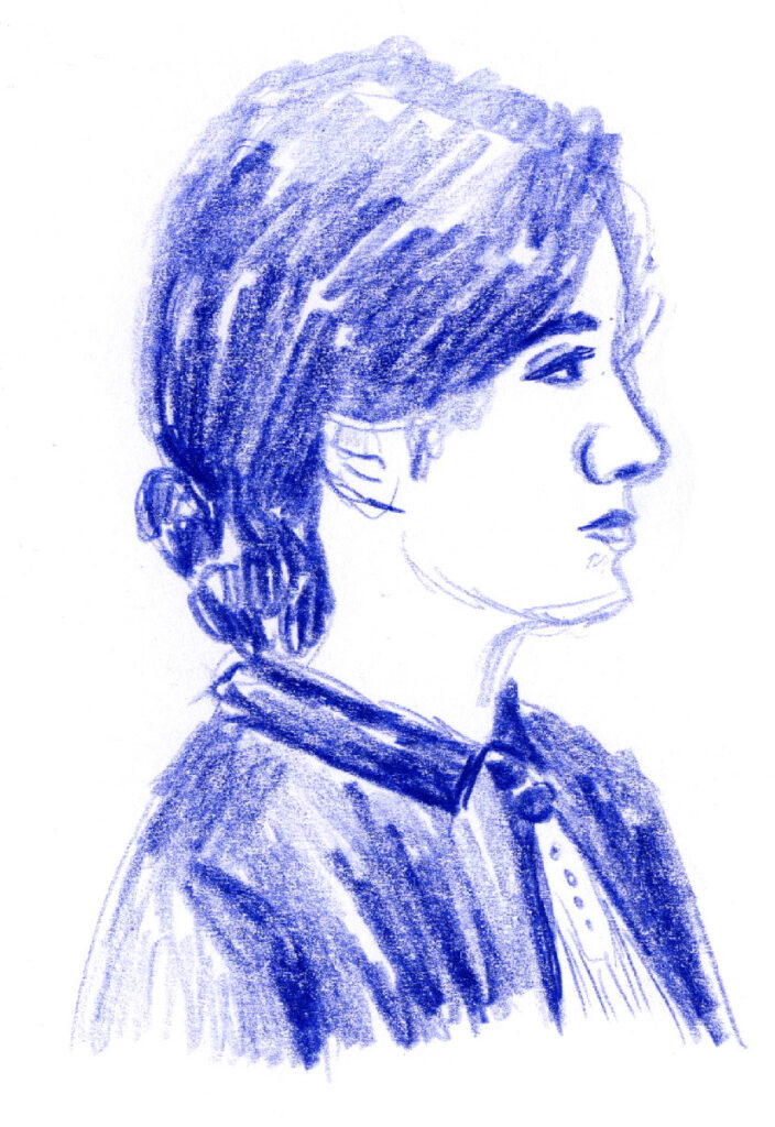 Blue pencil portrait of a young woman