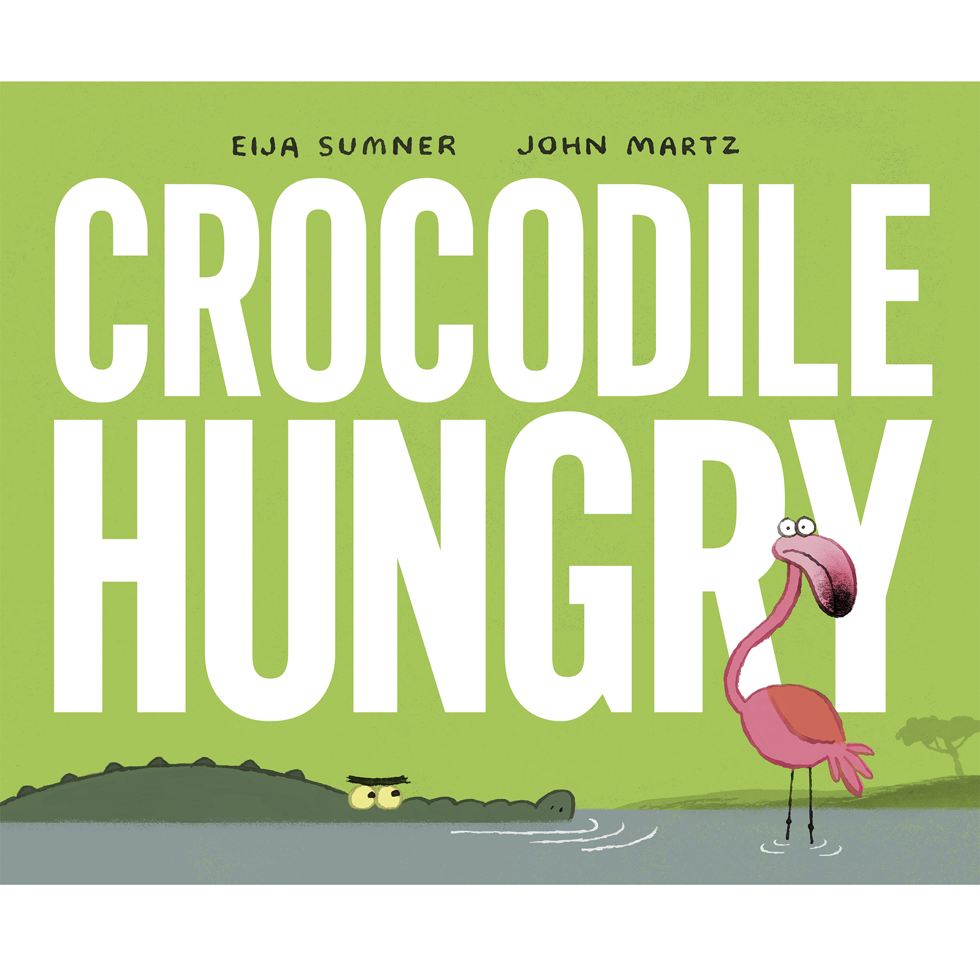 Green picture book cover for the book Crocodile Hungry with a hungry crocodile in the water looking at a terrified, pink flamingo.