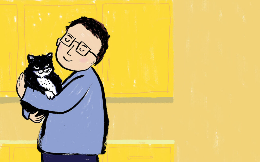 An illustration of a man contentedly holding a cat in a yellow kitchen.