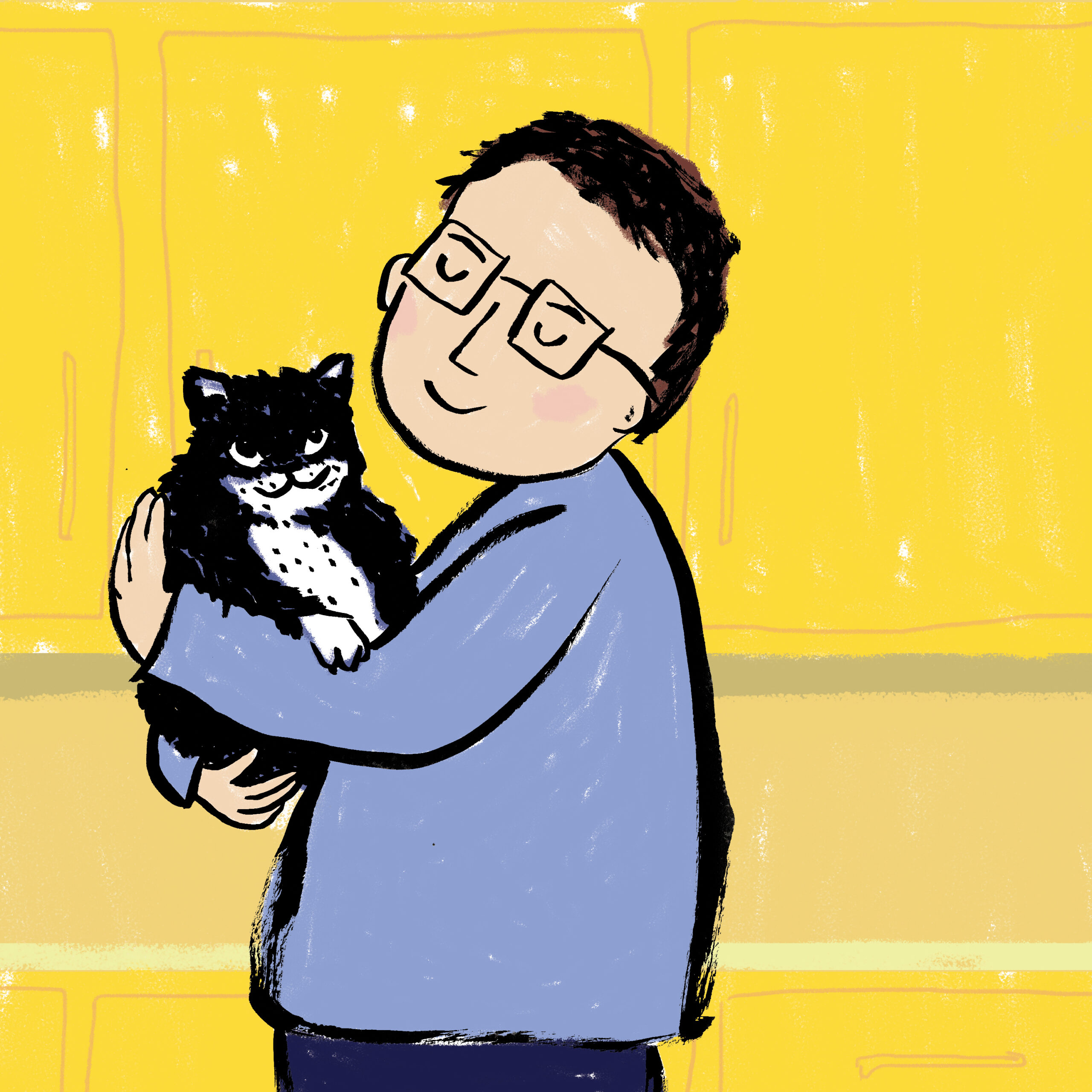 An inked drawing of a man holding his pet tuxedo cat. They are standing in a bright yellow kitchen.