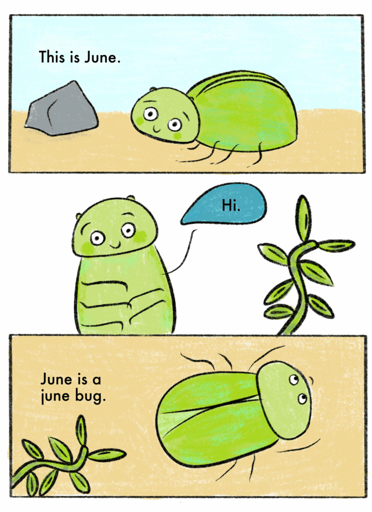 Three stacked horizontal comic panels of a June bug introducing herself as June.