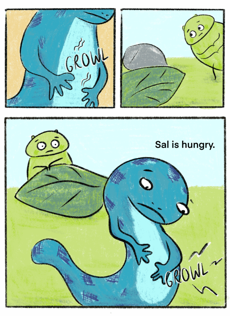 Three comic panels showing a close up of Sal's grumbling tummy and June hiding behind objects while Sal realizes they are hungry.