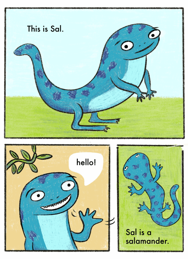 Three comic panels of a blue salamander introducing herself as Sal.