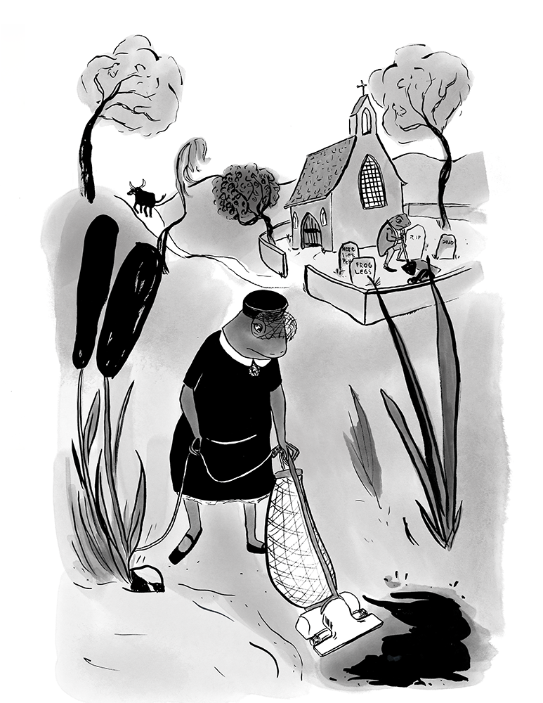 An inked illustration of a frog in a black dress vacuuming up a block splotch next to a pond. A church and cemetery are in the background along with an ox walking away from the frogs on a path into the horizon.