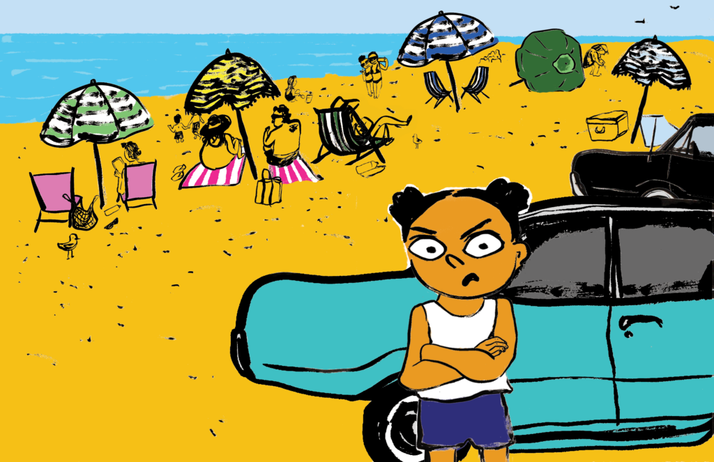 Illustration with brush ink of a young girl mad with arms crossed, behind her is a teal car and people at the beach with beach umbrellas and chairs, all brightly illustrated.