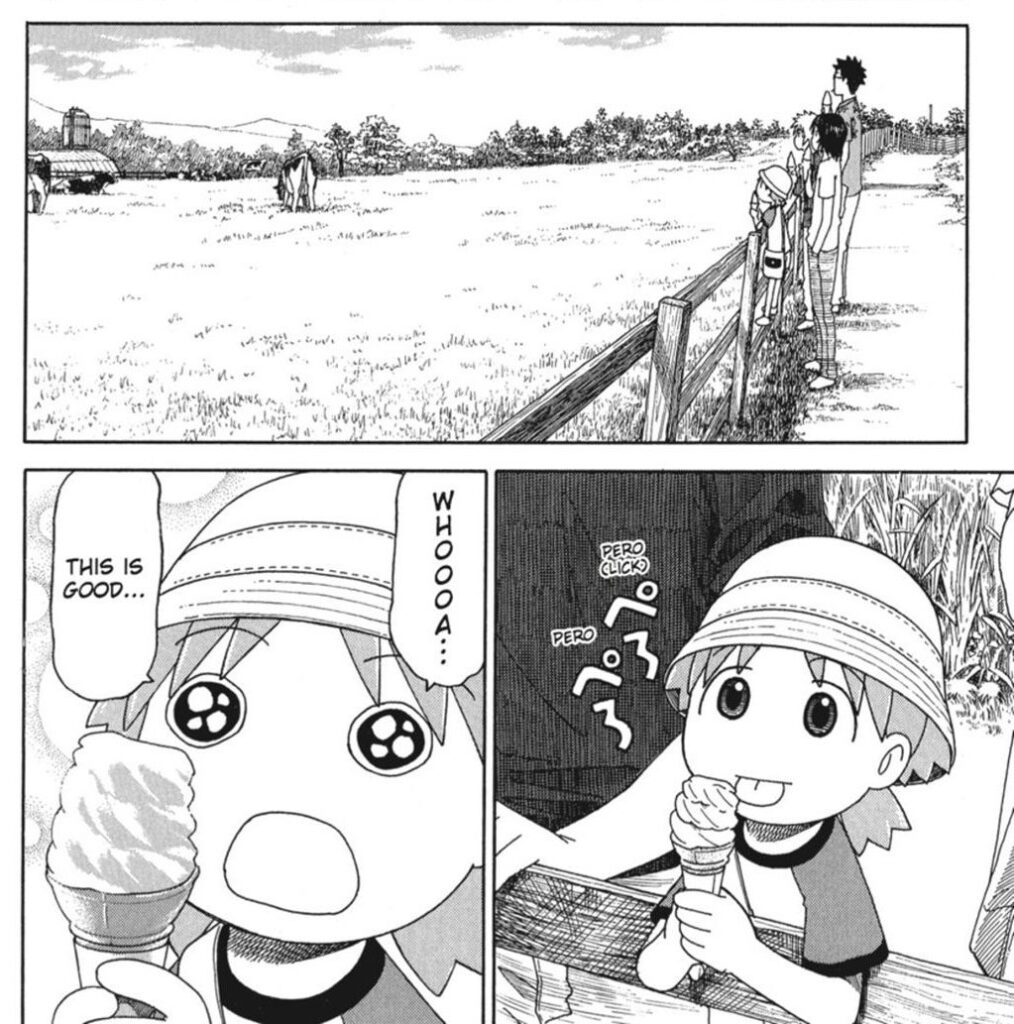 Page from Yotsuba of Yotsuba and friends watching a cow eat grass and delighted with her ice cream cone.