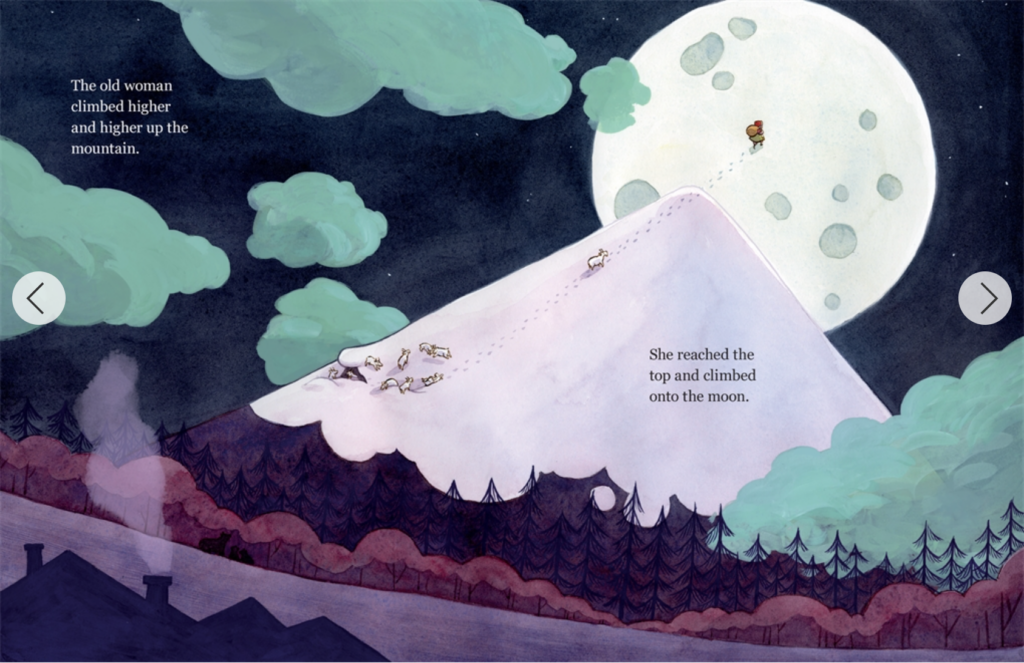 Full page spread from Vera Brogsosl's Leave Me Alone where the old woman walks from the mountain onto the moon.