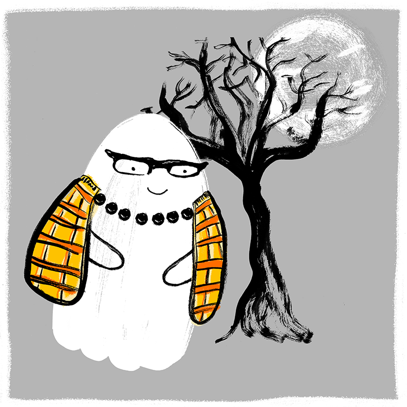 A white ghost smiling and wearing black stylish reader glasses and an orange and yellow flannel shawl. She is floating on a gray background with a single black tree and moon in the background.