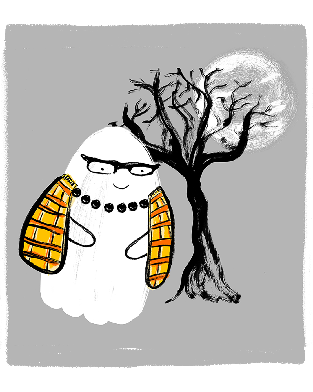 A white ghost smiling and wearing black stylish reader glasses and an orange and yellow flannel shawl. She is floating on a gray background with a single black tree and moon in the background.