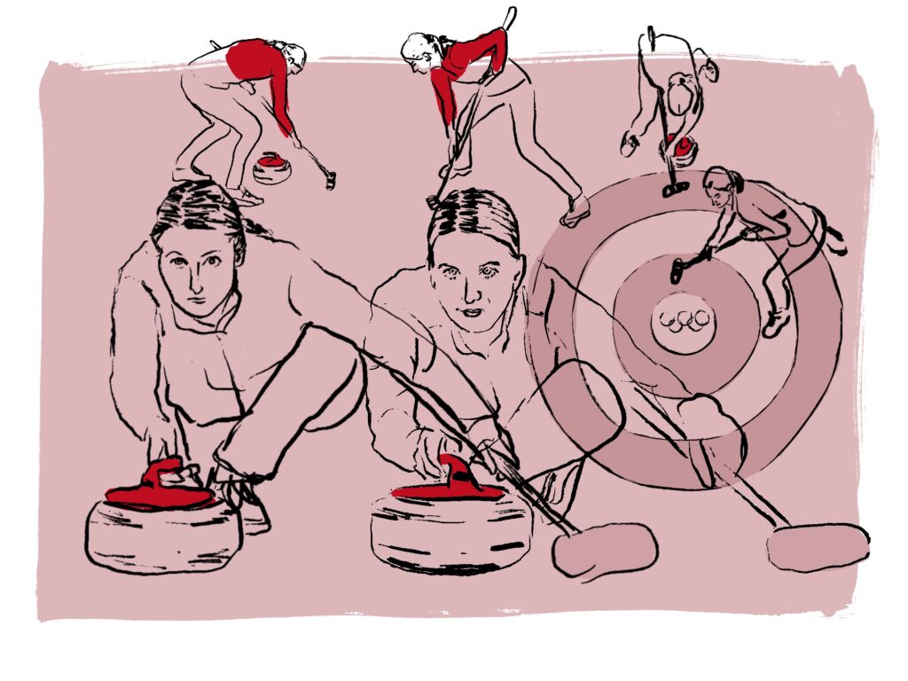 Members of US women's curling team in digital lifework with accents and the curling house in muted pinks. 